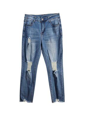 NWOT | Medium Wash Distressed Ripped Denim Ankle Skinny Jeans Raw Hem | Size 6